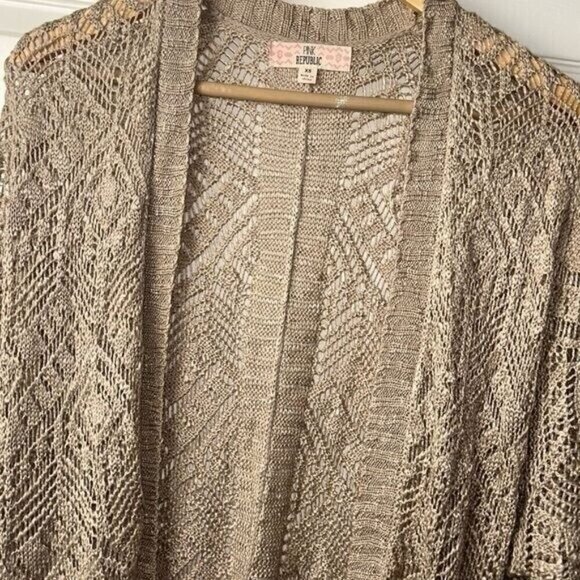 Pink Republic Tan Color Crochet Knit Short Sleeve Open Duster Cardigan Size XS - Picture 3 of 7